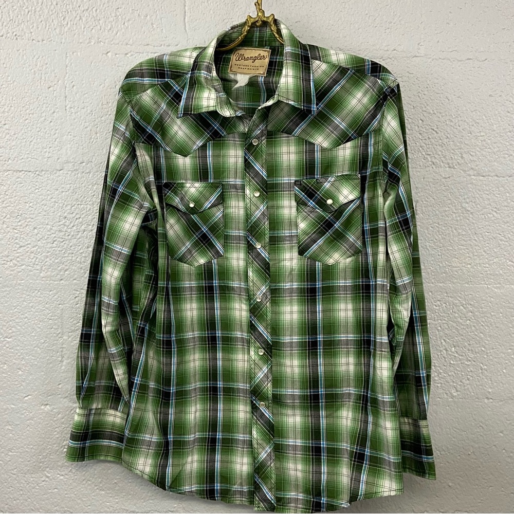 Wrangler Western Green Plaid Snap buttons size L